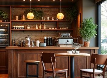 カフェの木製カウンターと椅子